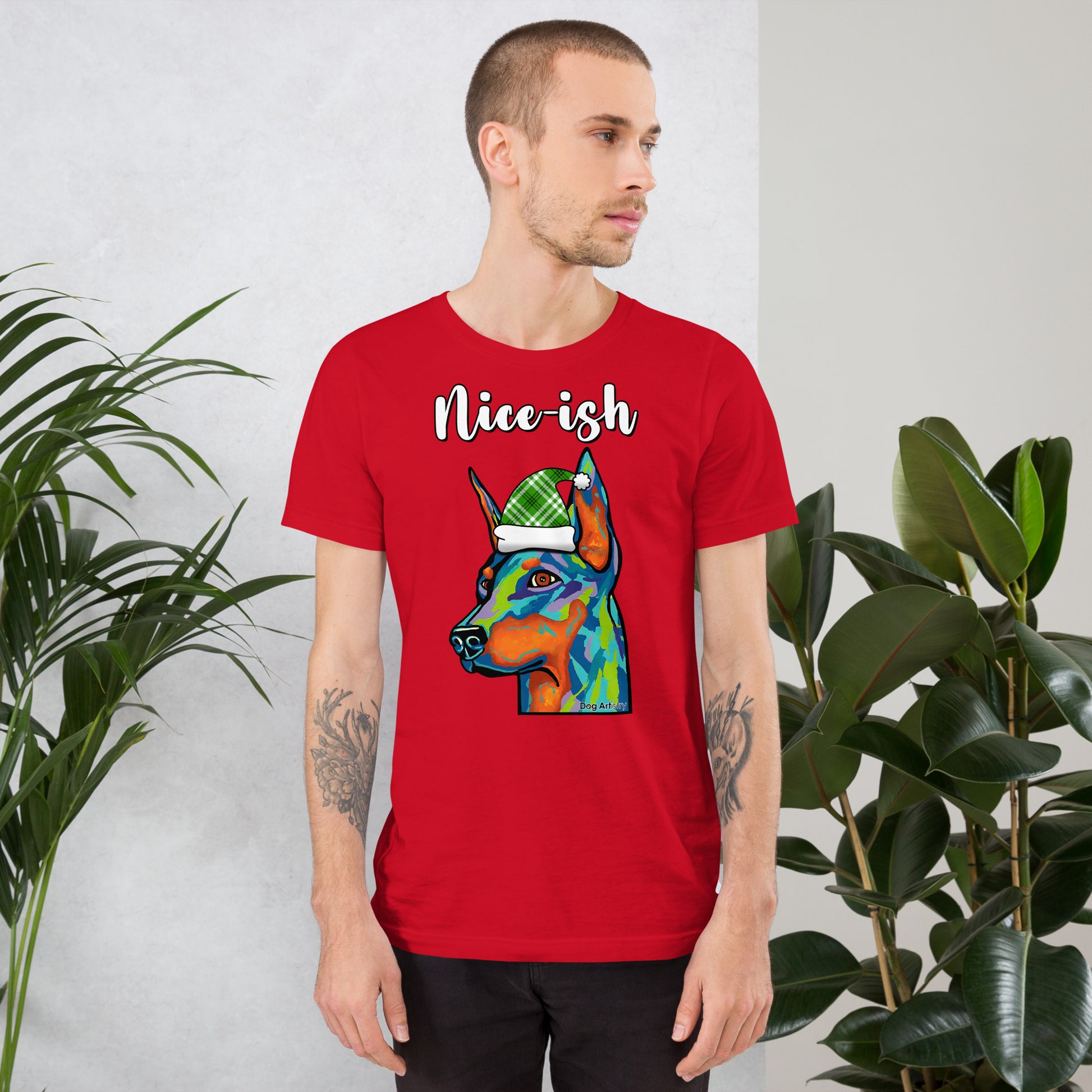 Nice-ish Doberman Pinscher unisex t-shirt red by Dog Artistry.