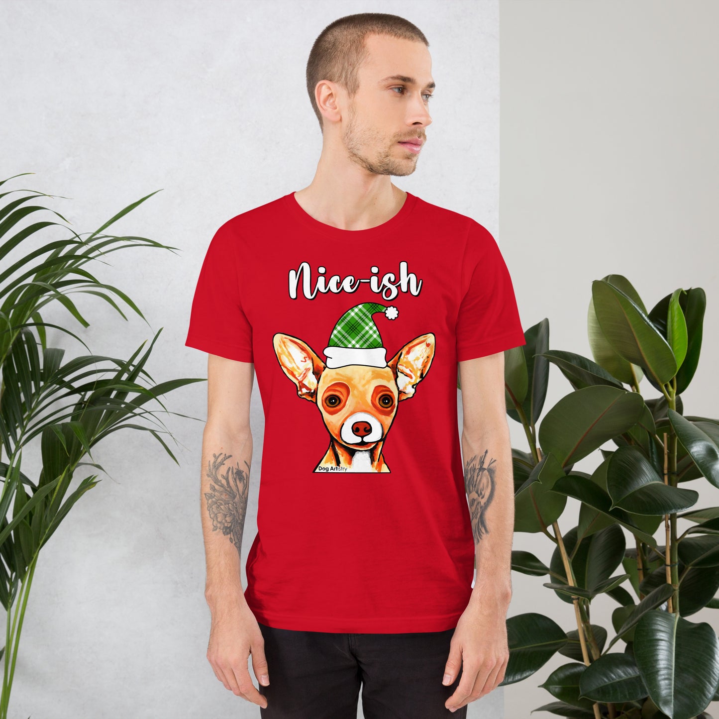 Nice-ish Chihuahua unisex t-shirt red by Dog Artistry.