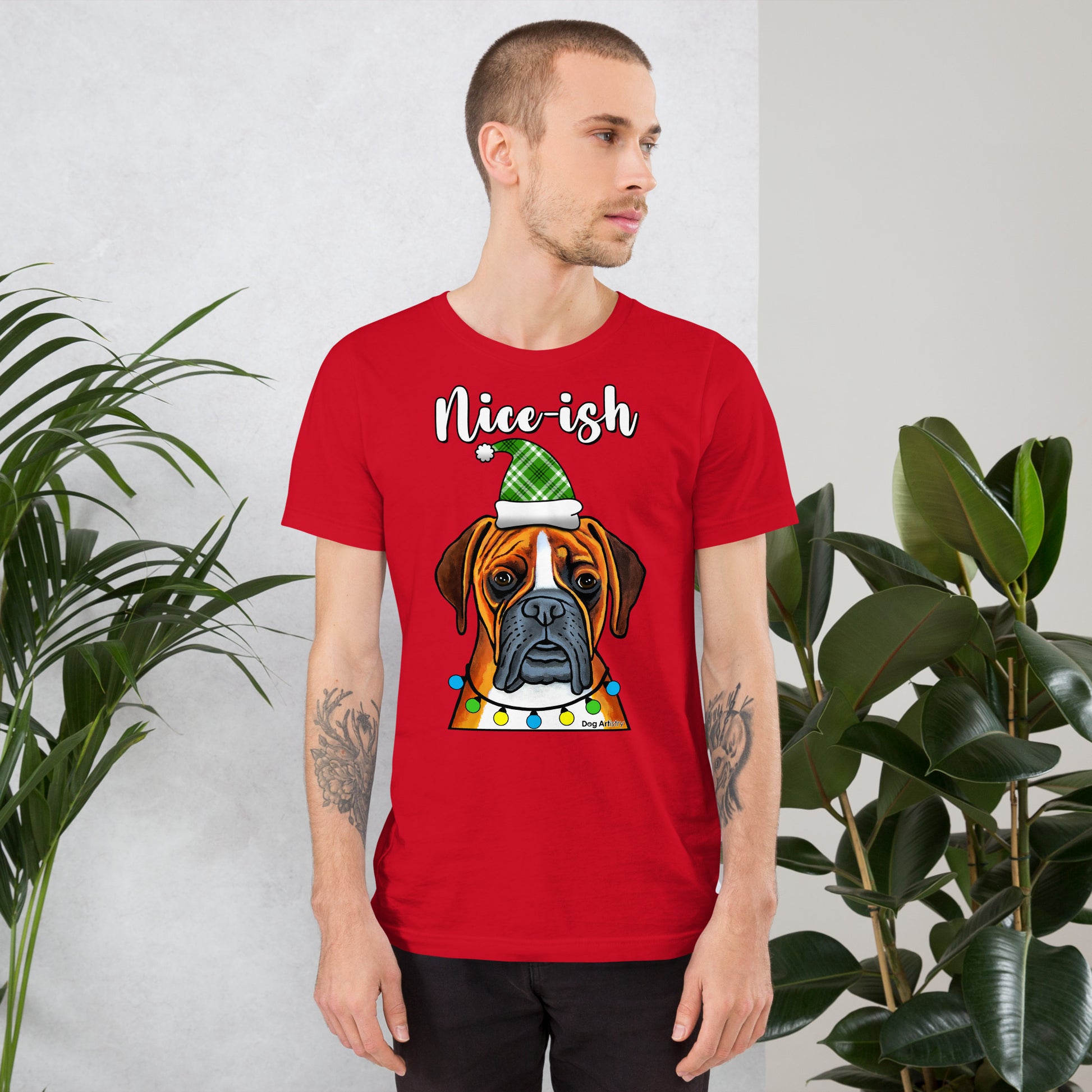 Boxer Nice-ish Christmas t-shirt red by Dog Artistry