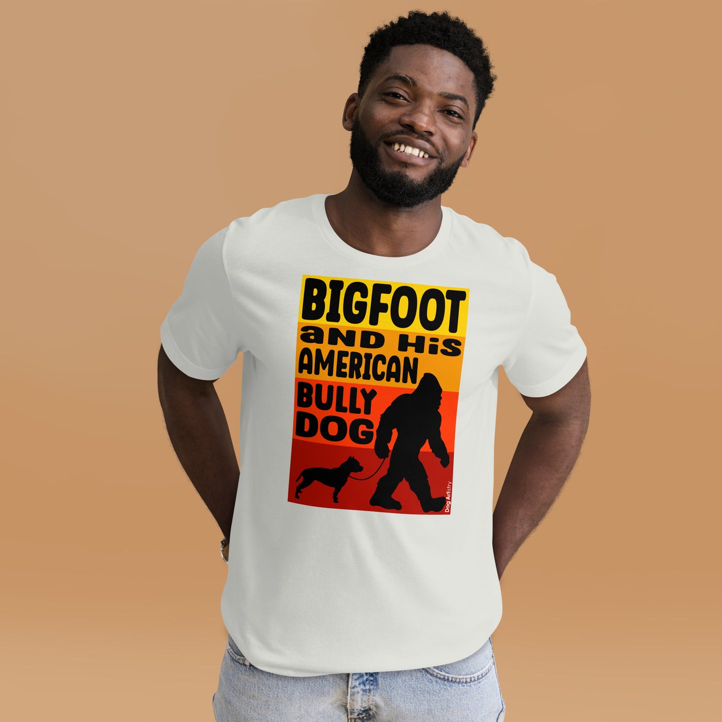 Bigfoot and his American Bully unisex silver t-shirt-by-Dog-Artistry.