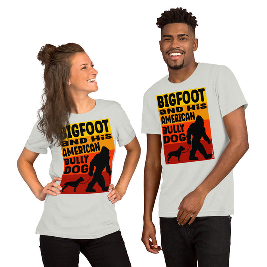 Bigfoot and his American Bully unisex silver t-shirt-by-Dog-Artistry.