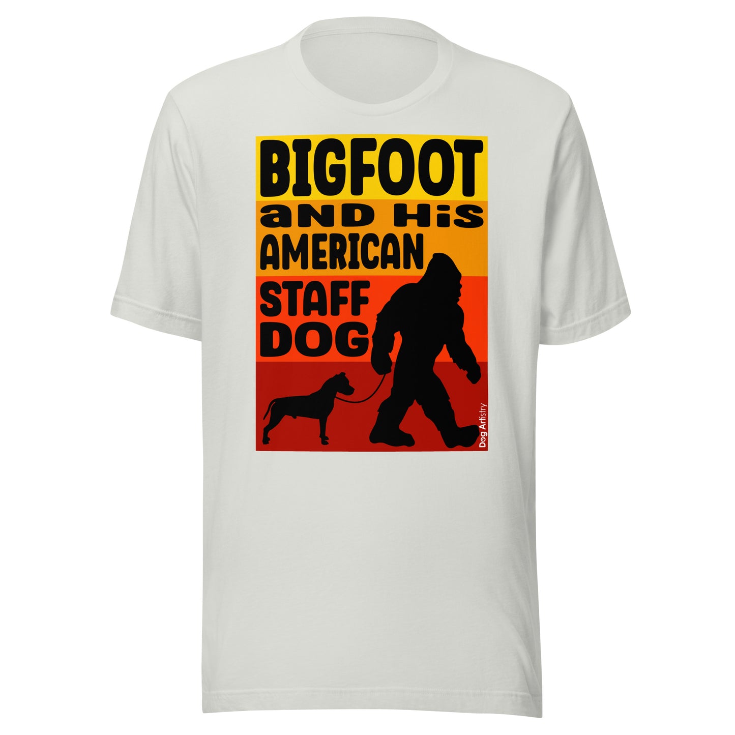 Bigfoot and his American Staffordshire Terrier unisex silver t-shirt-by-Dog-Artistry.