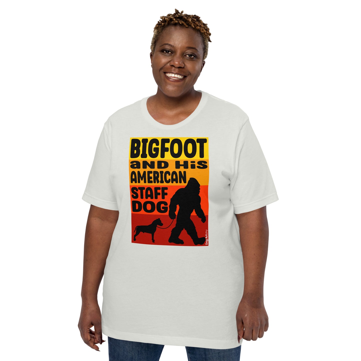 Bigfoot and his American Staffordshire Terrier unisex silver t-shirt-by-Dog-Artistry.