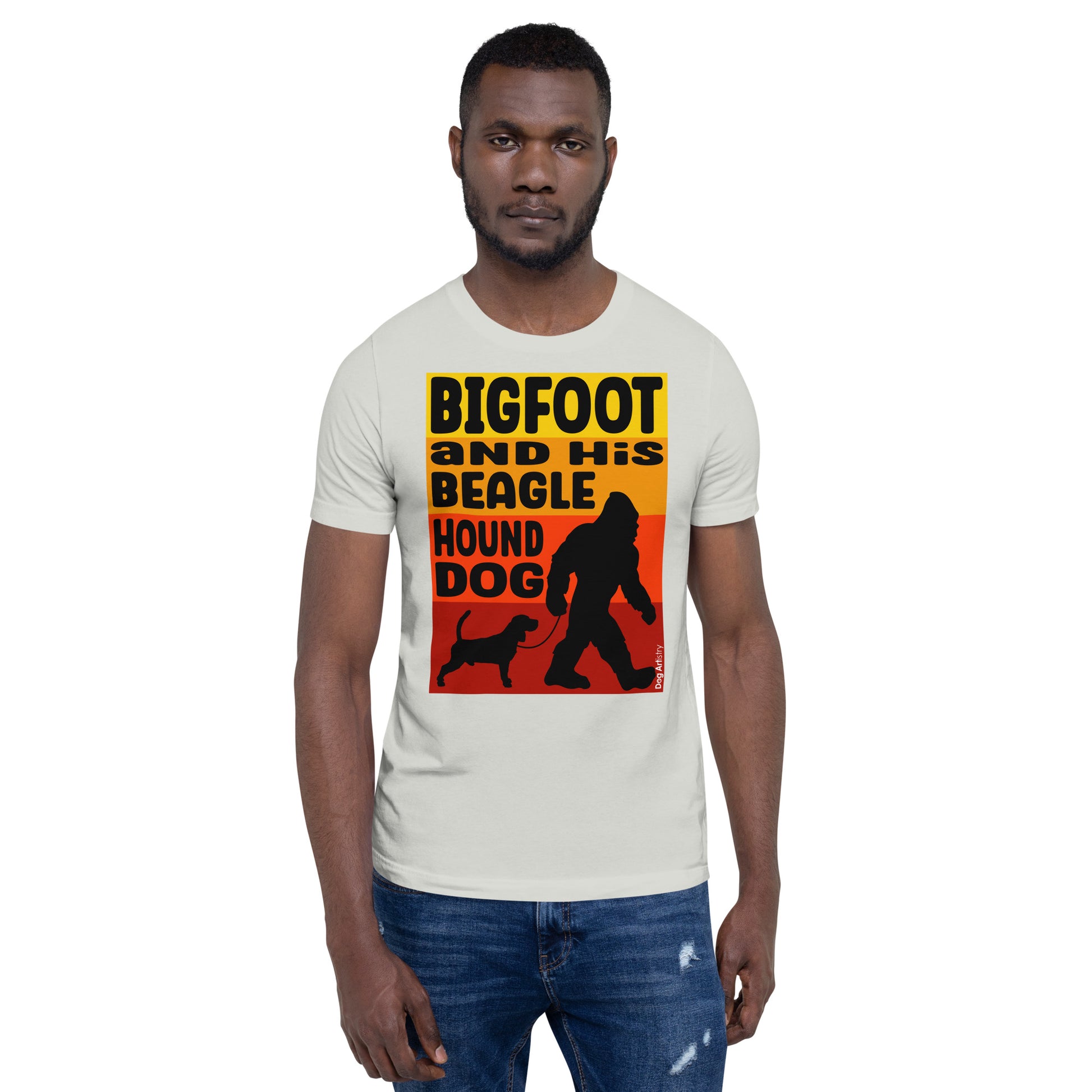 Big foot and his Beagle unisex silver t-shirt by Dog Artistry.