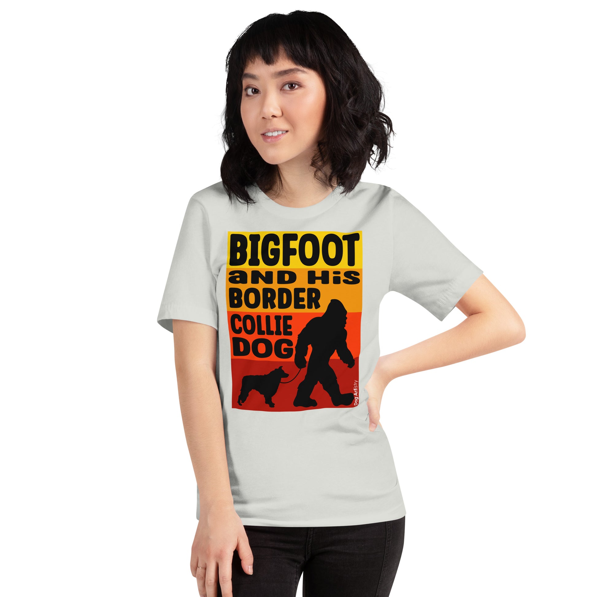 Big foot and his Border Collie unisex silver t-shirt by Dog Artistry.