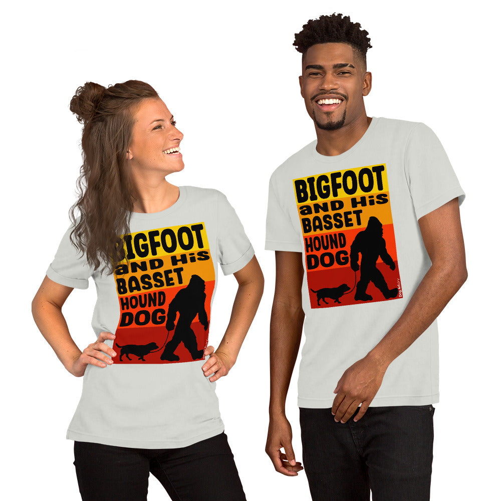 Big foot and his Basset Hound unisex silver t-shirt by Dog Artistry.