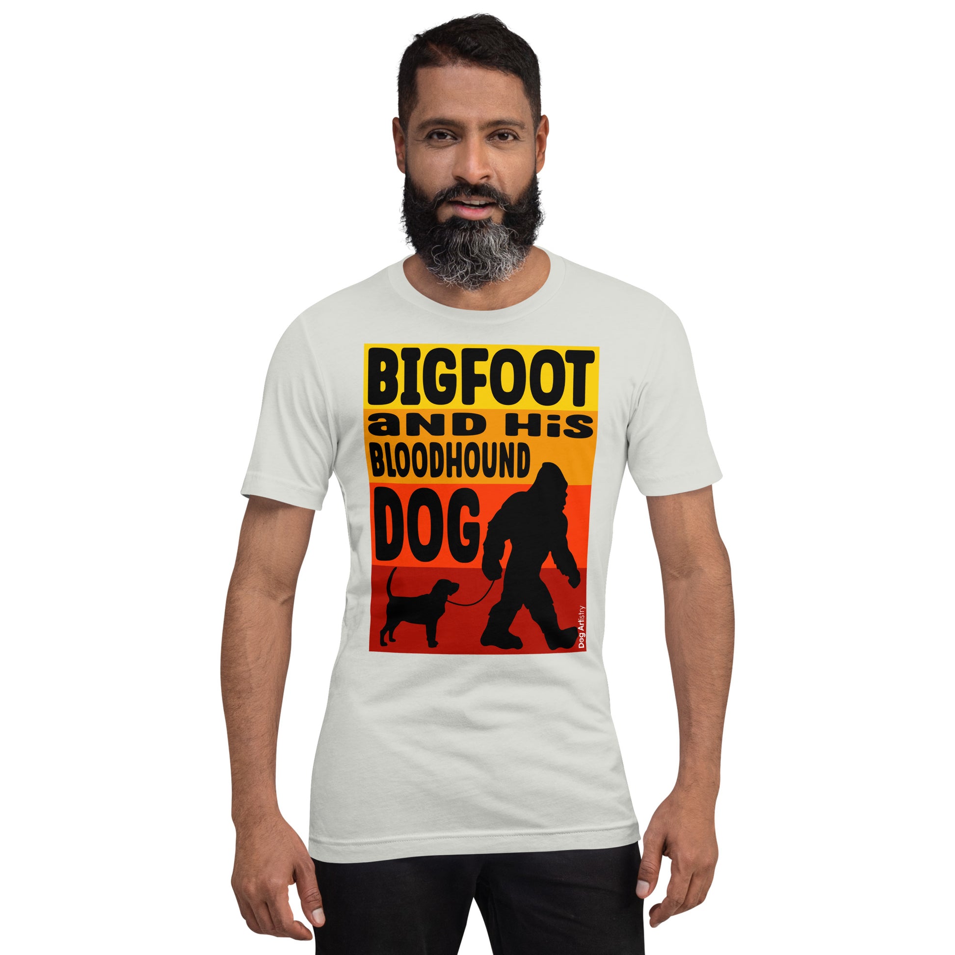 Big foot and his Bloodhound unisex silver t-shirt by Dog Artistry.