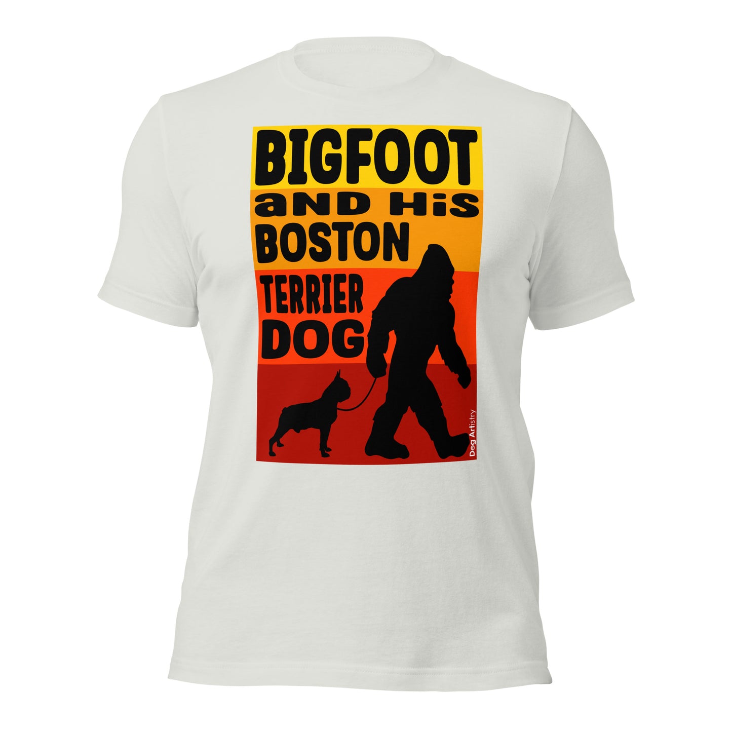 Big foot and his Boston Terrier unisex silver t-shirt by Dog Artistry.