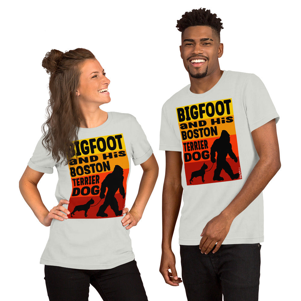 Big foot and his Boston Terrier unisex silver t-shirt by Dog Artistry.