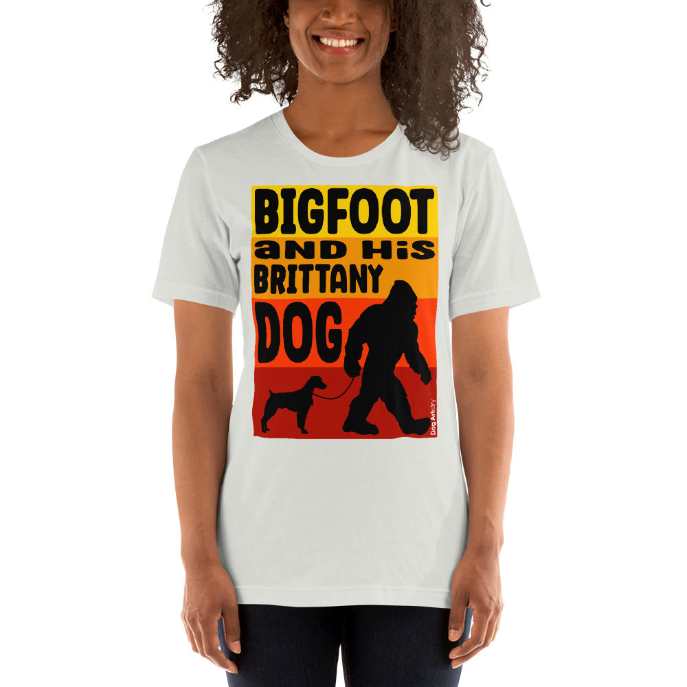 Big foot and his Brittany dog unisex silver t-shirt by Dog Artistry.