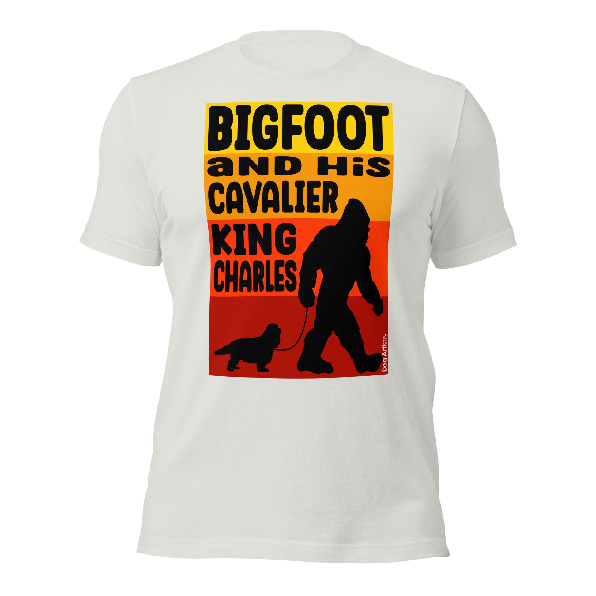 Big foot and his Cavalier King Charles Spaniel dog unisex silver t-shirt by Dog Artistry.