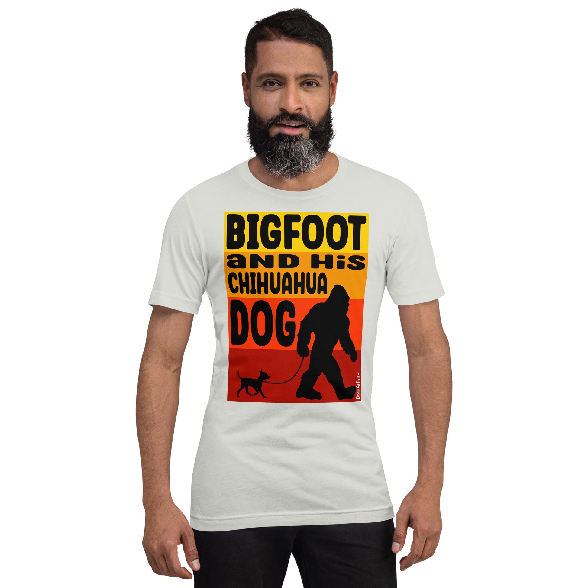 Big foot and his Chihuahua dog unisex silver t-shirt by Dog Artistry.