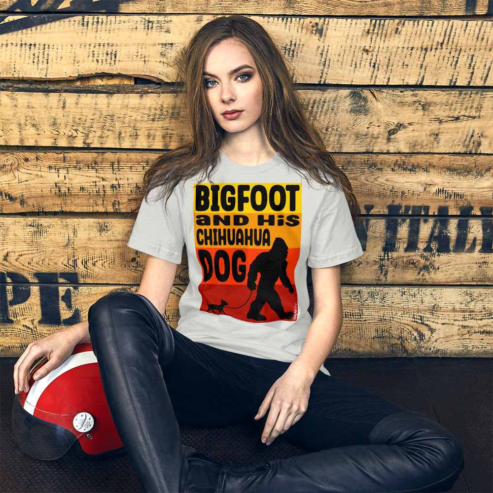 Big foot and his Chihuahua dog unisex silver t-shirt by Dog Artistry.