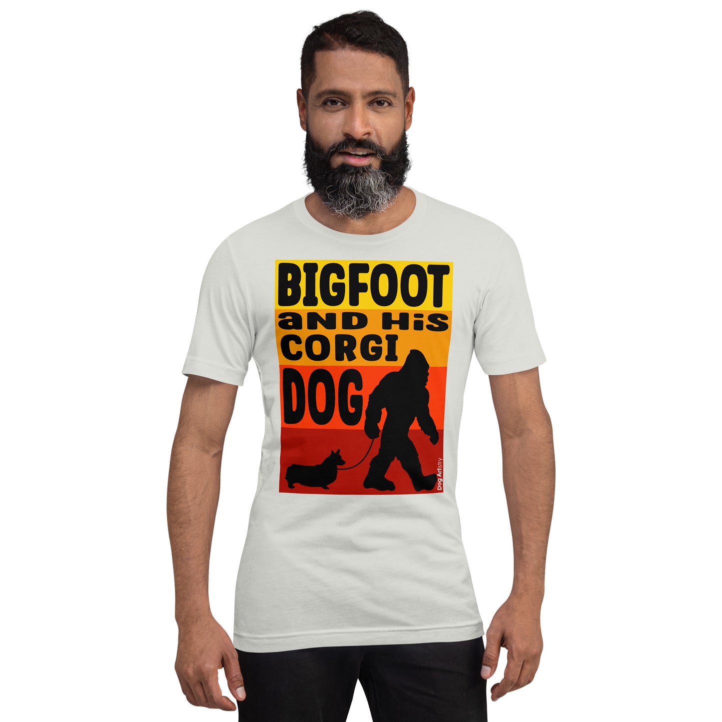 Big foot and his Corgi dog unisex silver t-shirt by Dog Artistry.