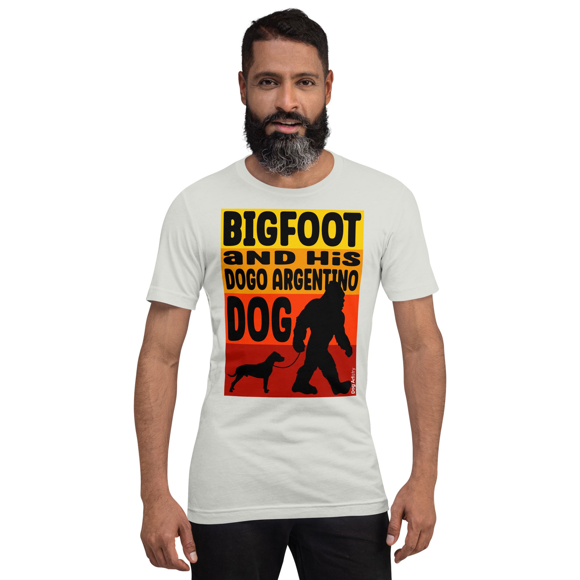 Bigfoot and his Dogo Argentino dog unisex silver t-shirt by Dog Artistry.