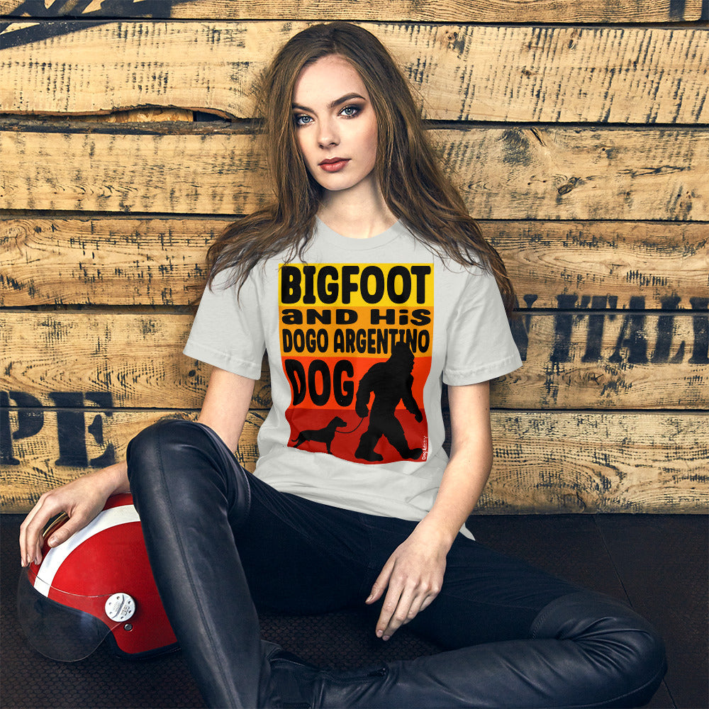 Bigfoot and his Dogo Argentino dog unisex silver t-shirt by Dog Artistry.