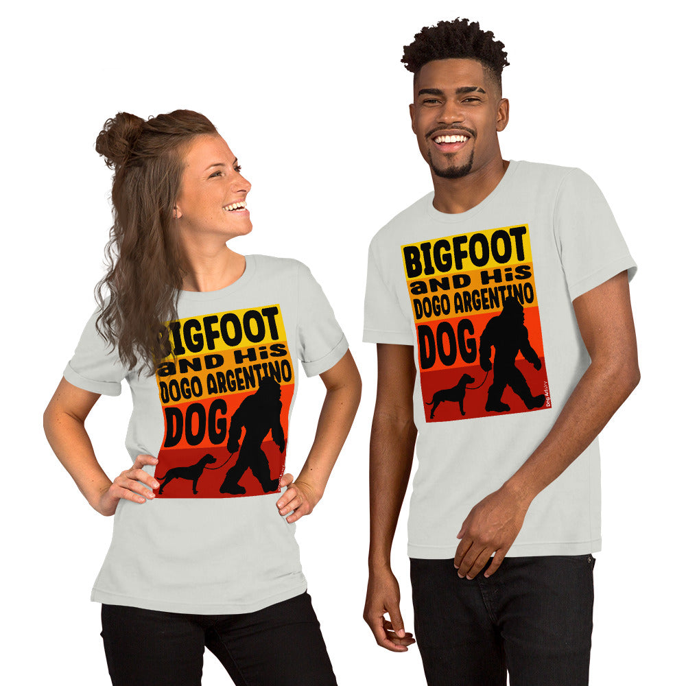 Bigfoot and his Dogo Argentino dog unisex silver t-shirt by Dog Artistry.