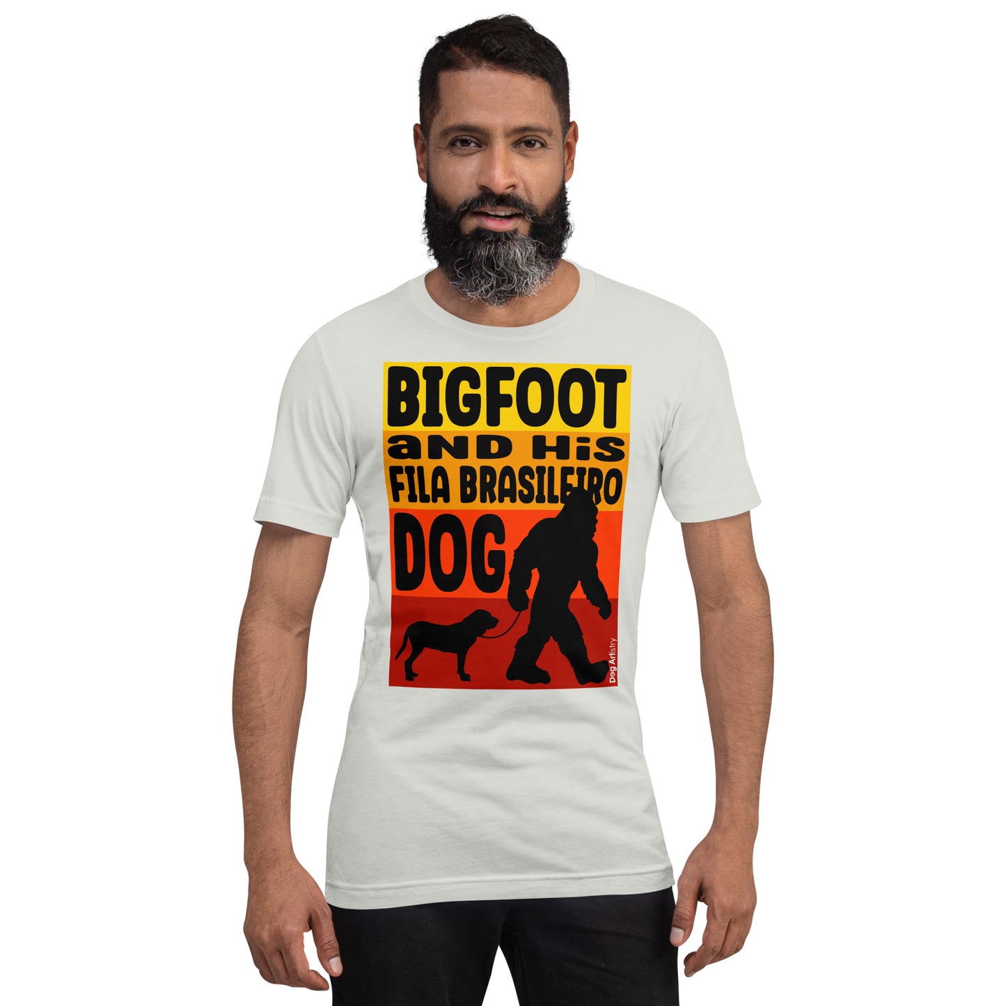 Bigfoot and his Fila Brasileiro unisex silver t-shirt by Dog Artistry.