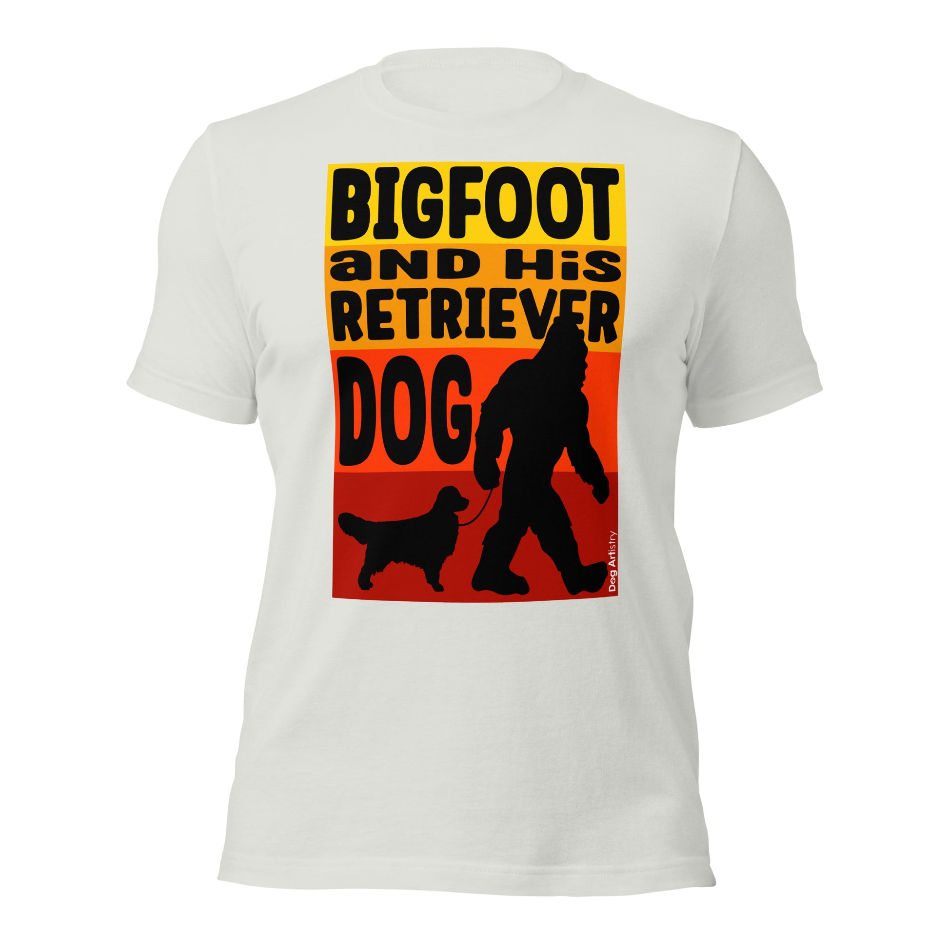 Bigfoot and his Golden Retriever unisex silver t-shirt by Dog Artistry.