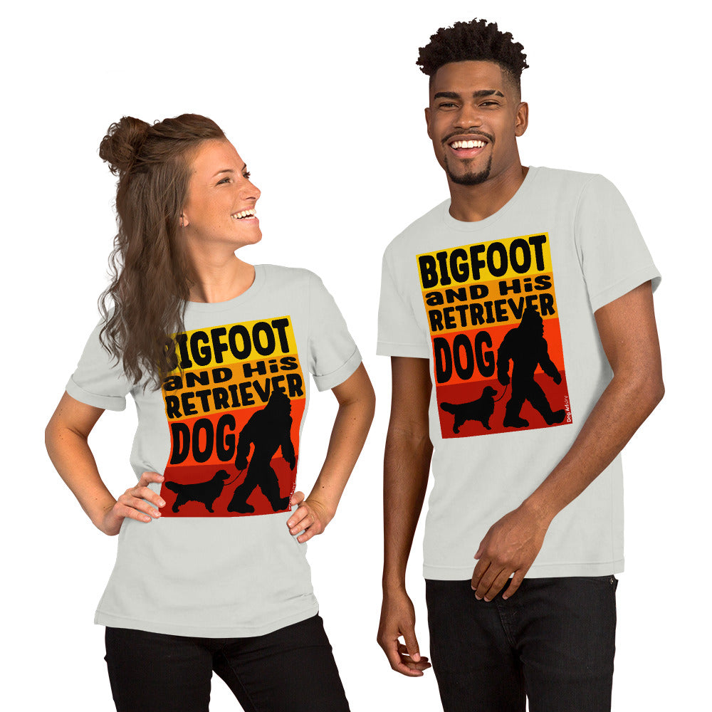 Bigfoot and his Golden Retriever unisex silver t-shirt by Dog Artistry.