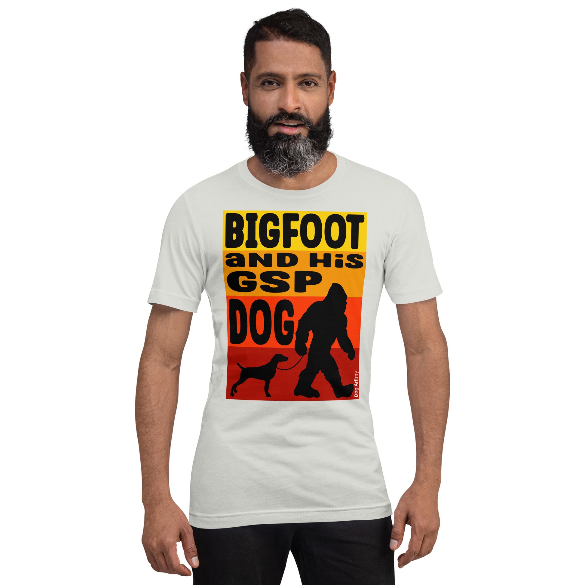 Bigfoot and his German Shorthaired Pointer unisex silver t-shirt by Dog Artistry.