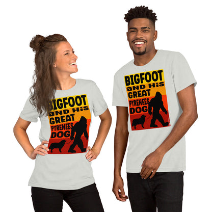 Bigfoot and his Great Pyrenees unisex silver t-shirt by Dog Artistry.