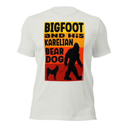 Bigfoot and his Karelian bear dog unisex silver t-shirt by Dog Artistry.