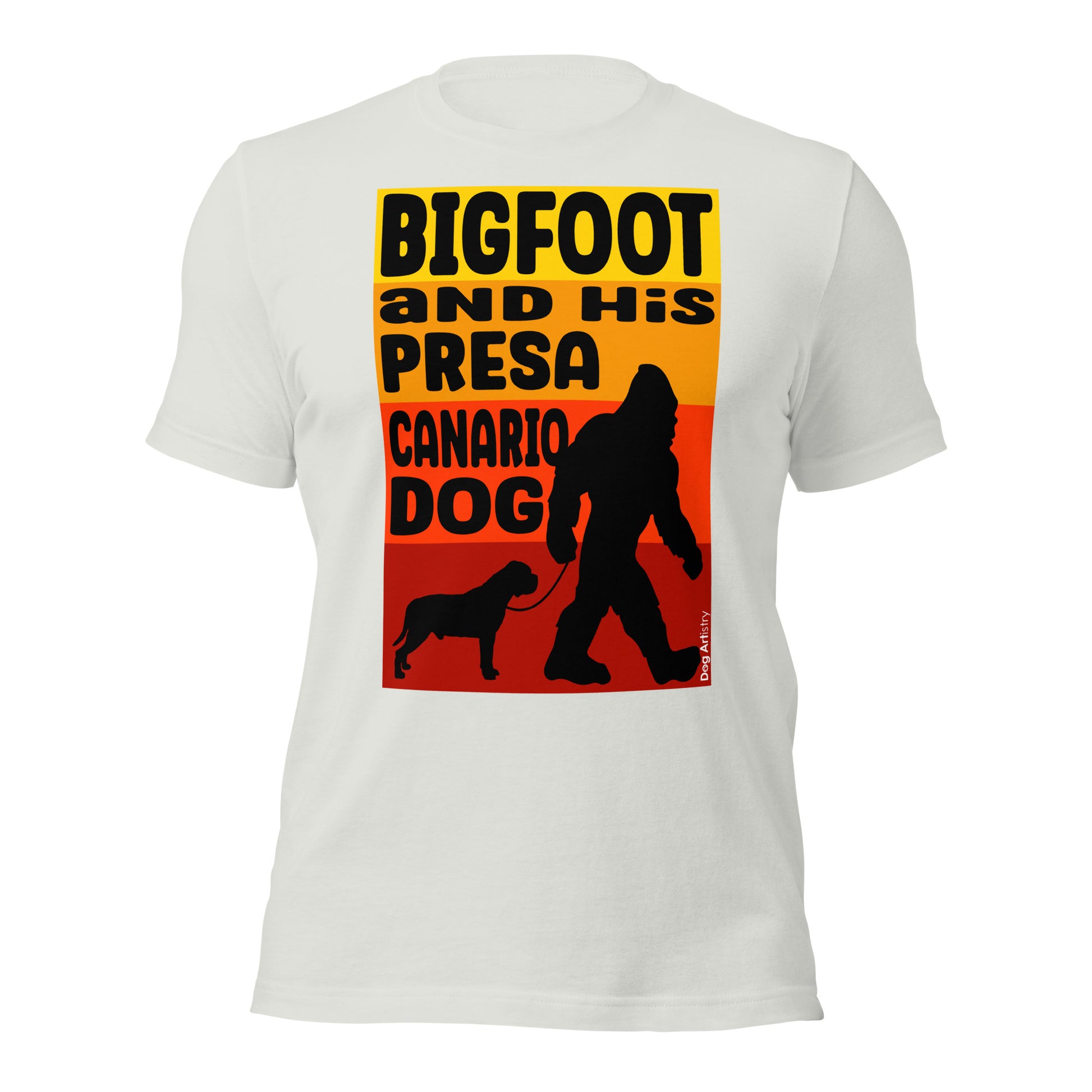 Bigfoot and his presa canario unisex silver t-shirt by Dog Artistry.