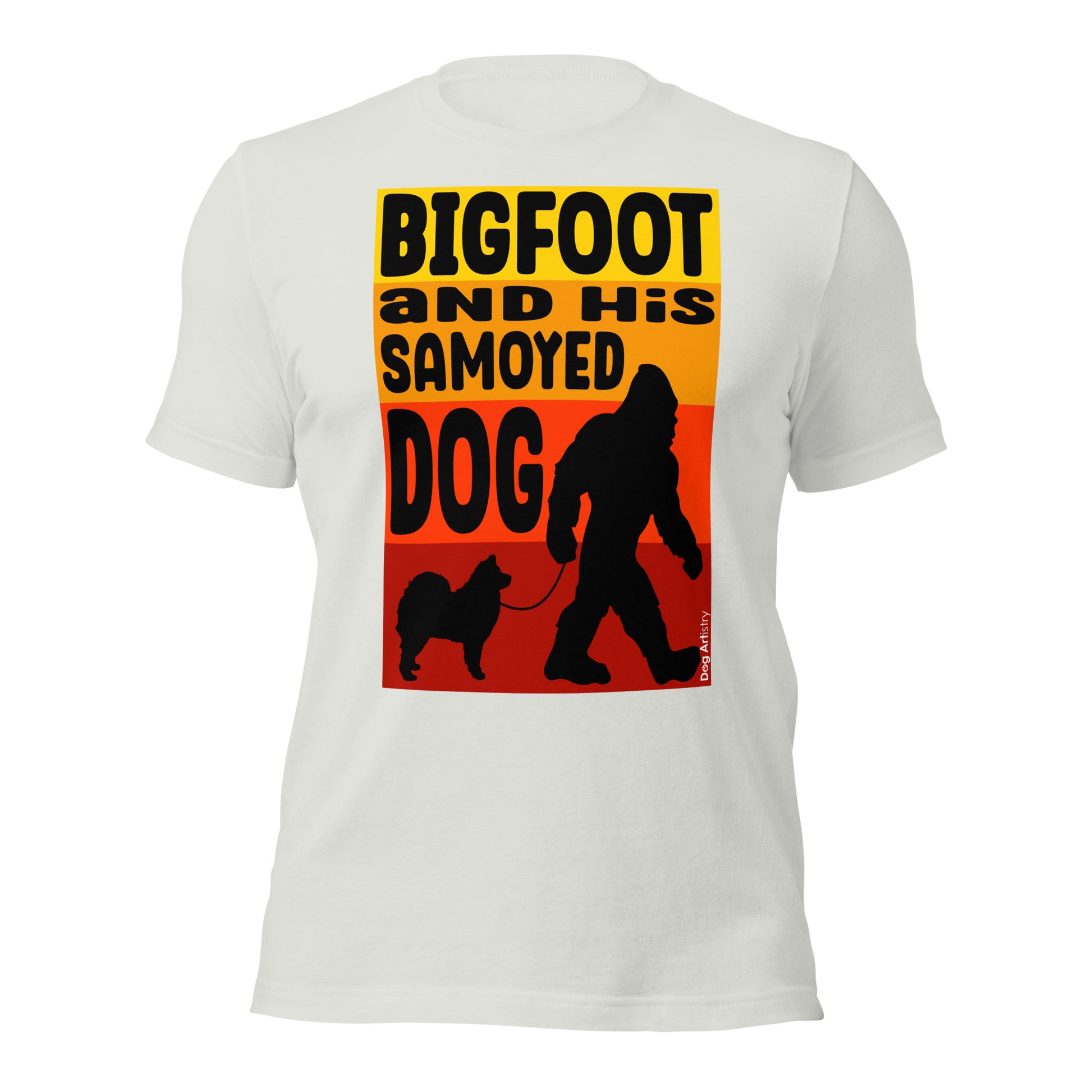 Bigfoot and his Samoyed dog unisex silver t-shirt by Dog Artistry.