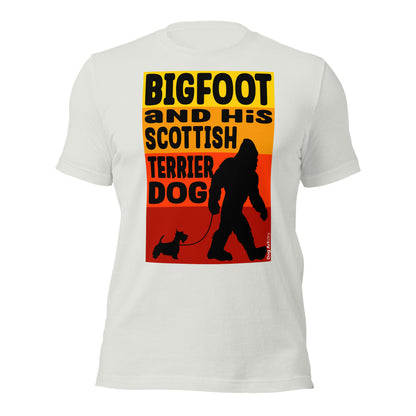 Bigfoot and his Scottish Terrier dog unisex silver t-shirt by Dog Artistry.