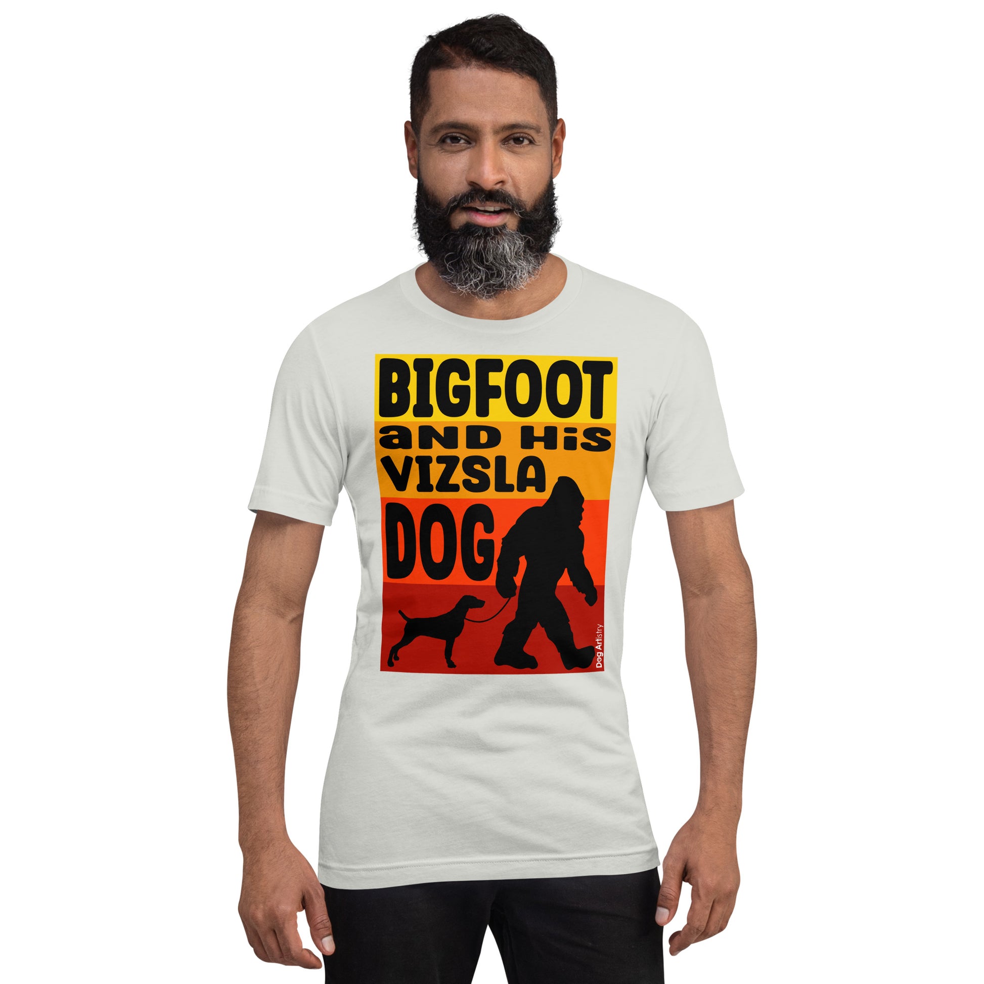 Bigfoot and his Vizsla dog unisex silver t-shirt by Dog Artistry.