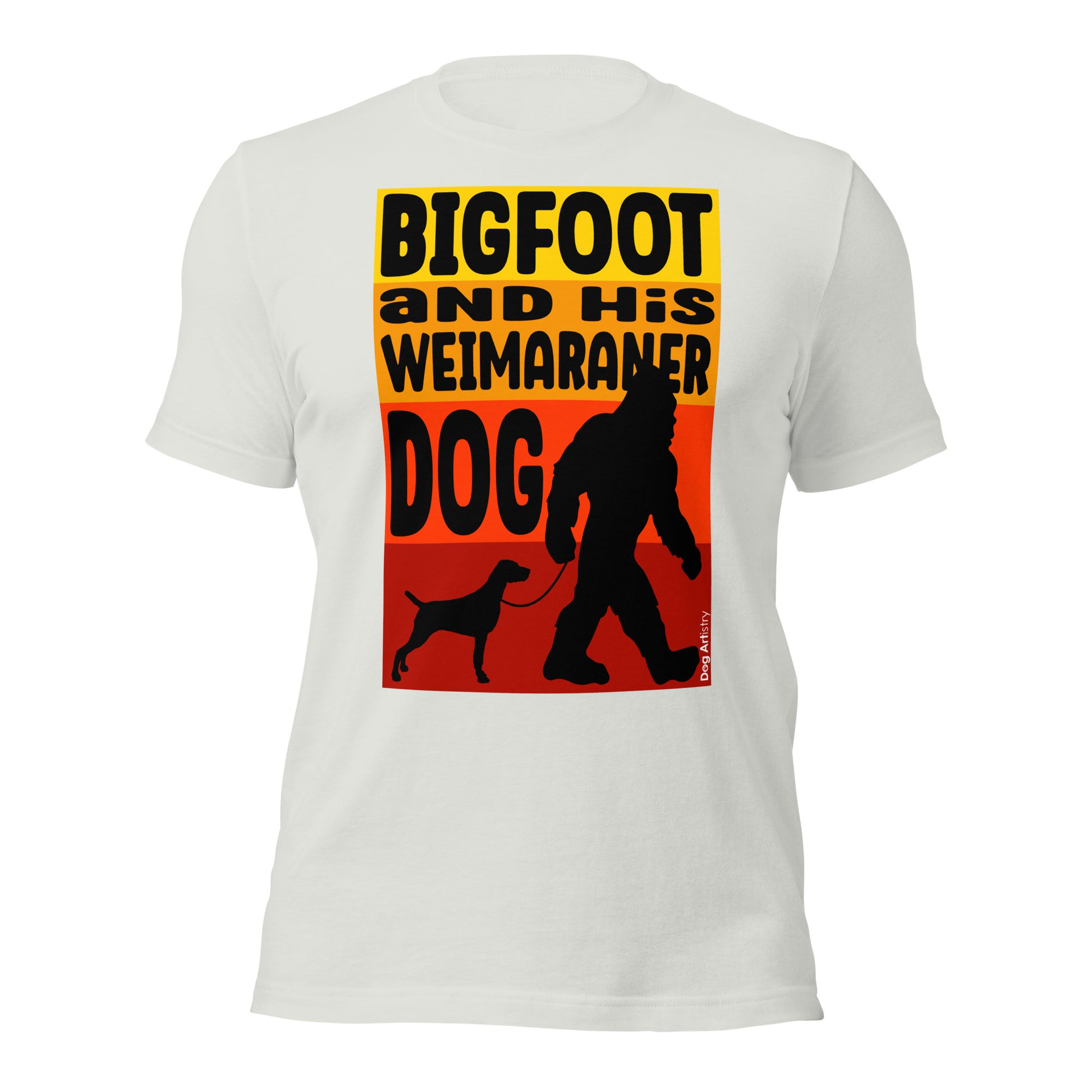 Bigfoot and his Weimaraner dog unisex silver t-shirt by Dog Artistry.