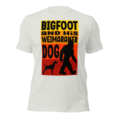 Bigfoot and his Weimaraner dog unisex silver t-shirt by Dog Artistry.