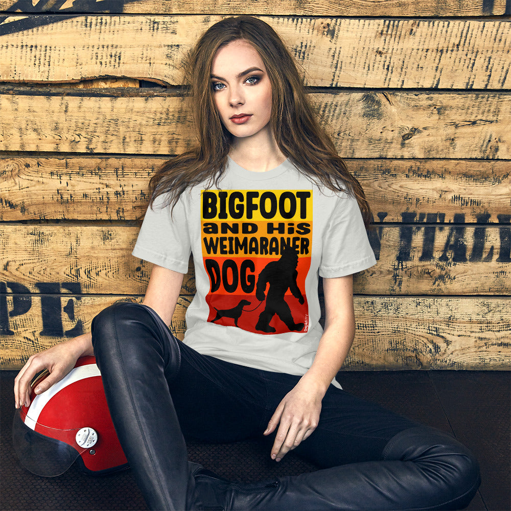 Bigfoot and his Weimaraner dog unisex silver t-shirt by Dog Artistry.