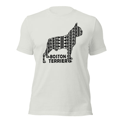 Boston Terrier Polynesian t-shirt silver by Dog Artistry.