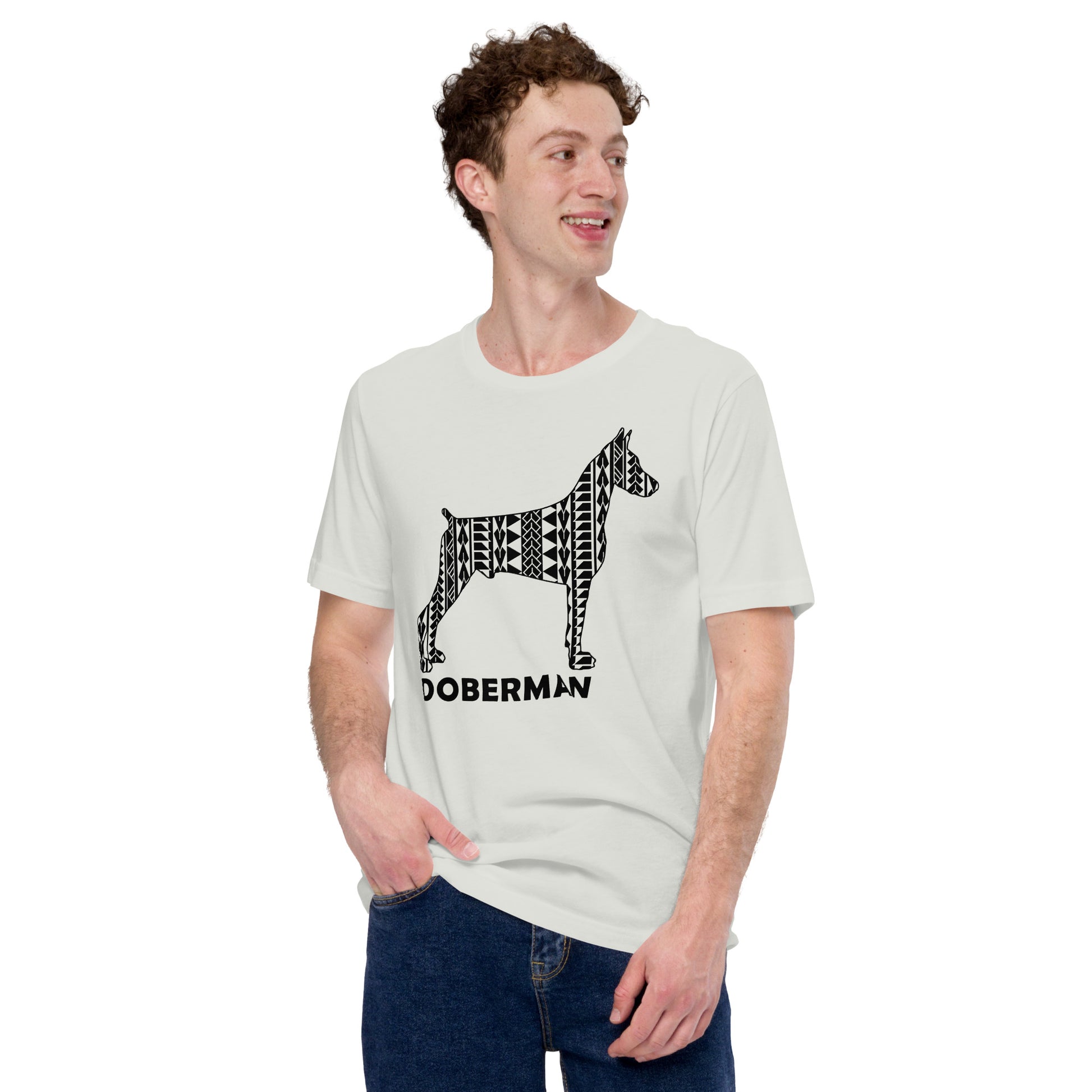 Doberman Polynesian t-shirt silver by Dog Artistry.
