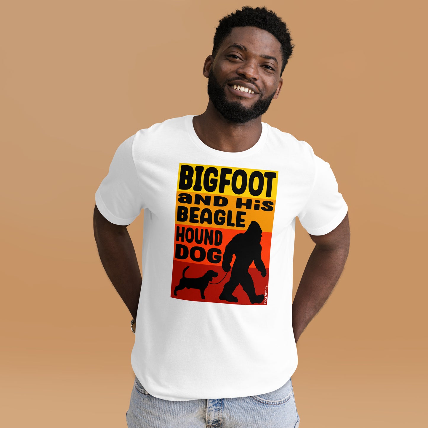 Big foot and his Beagle unisex white t-shirt by Dog Artistry.