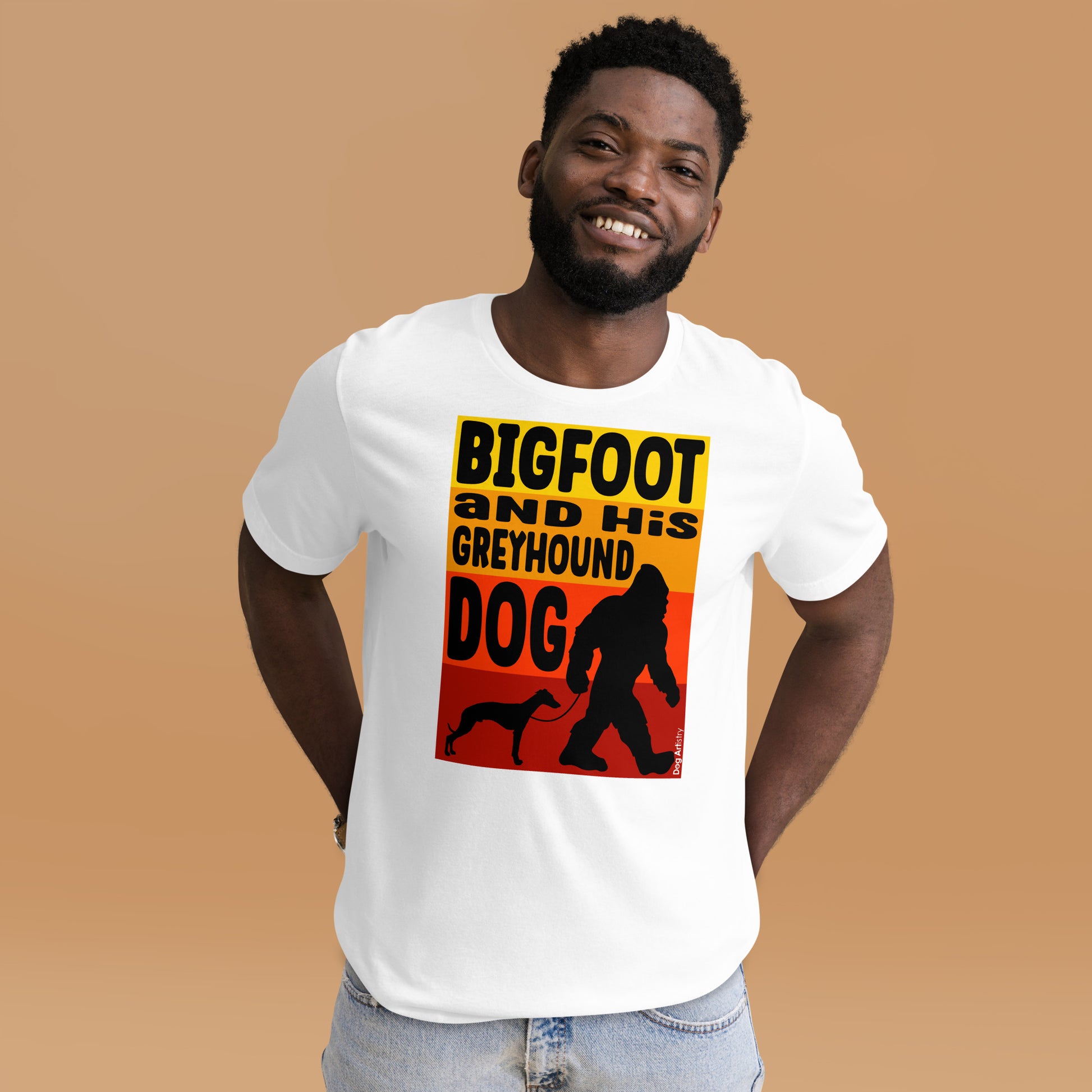Bigfoot and his Greyhound unisex white t-shirt by Dog Artistry.