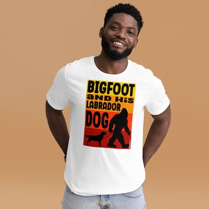 Bigfoot and his labrador retriever unisex white t-shirt by Dog Artistry.