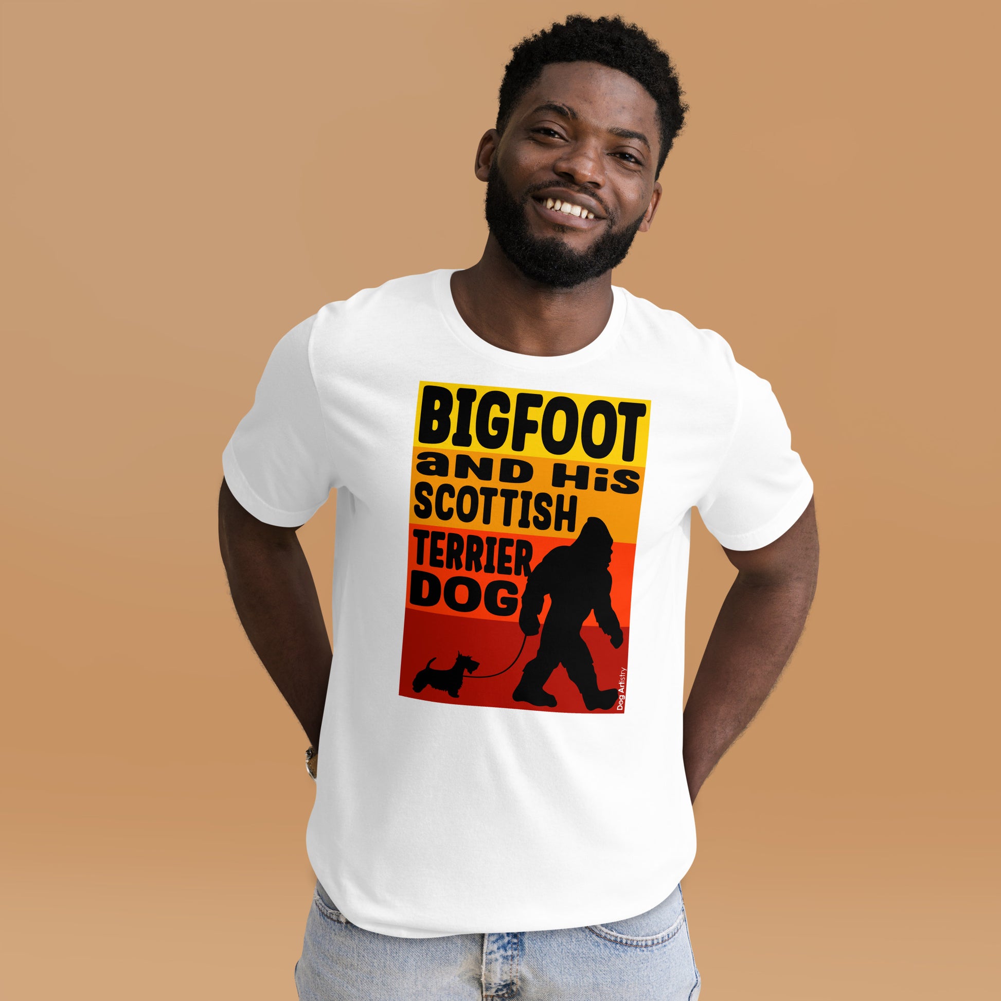Bigfoot and his Scottish Terrier dog unisex white t-shirt by Dog Artistry.