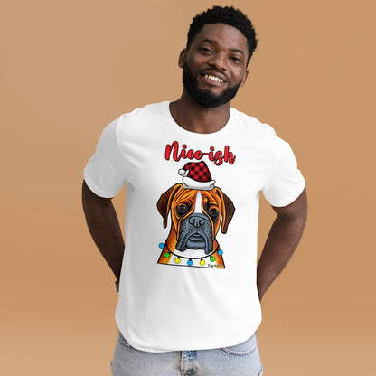 Boxer Nice-ish Holiday unisex t-shirt white by Dog Artistry