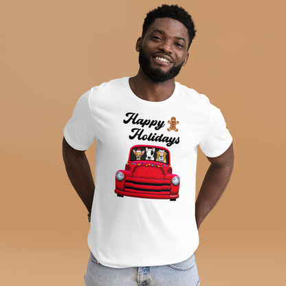 Red Holiday truck with Chihuahua, English Bull Terrier, and English Bulldog riding in it unisex t-shirt white by Dog Artistry