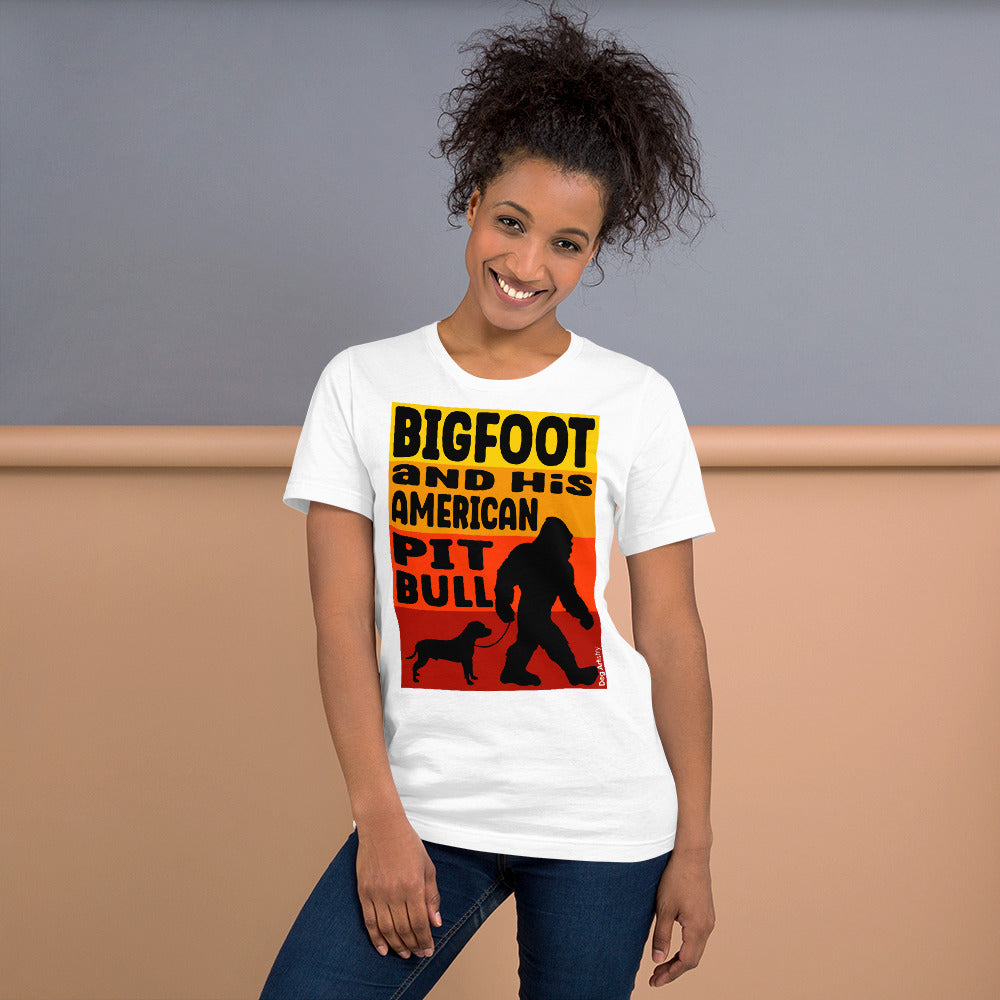Bigfoot and his American Pit Bull unisex white t-shirt-by-Dog-Artistry.