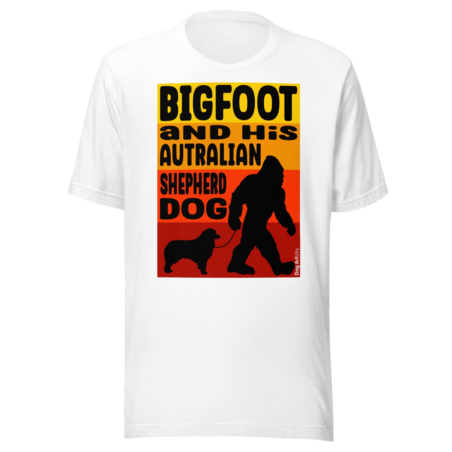 Bigfoot and his Australian Shepherd unisex white t-shirt-by-Dog-Artistry.