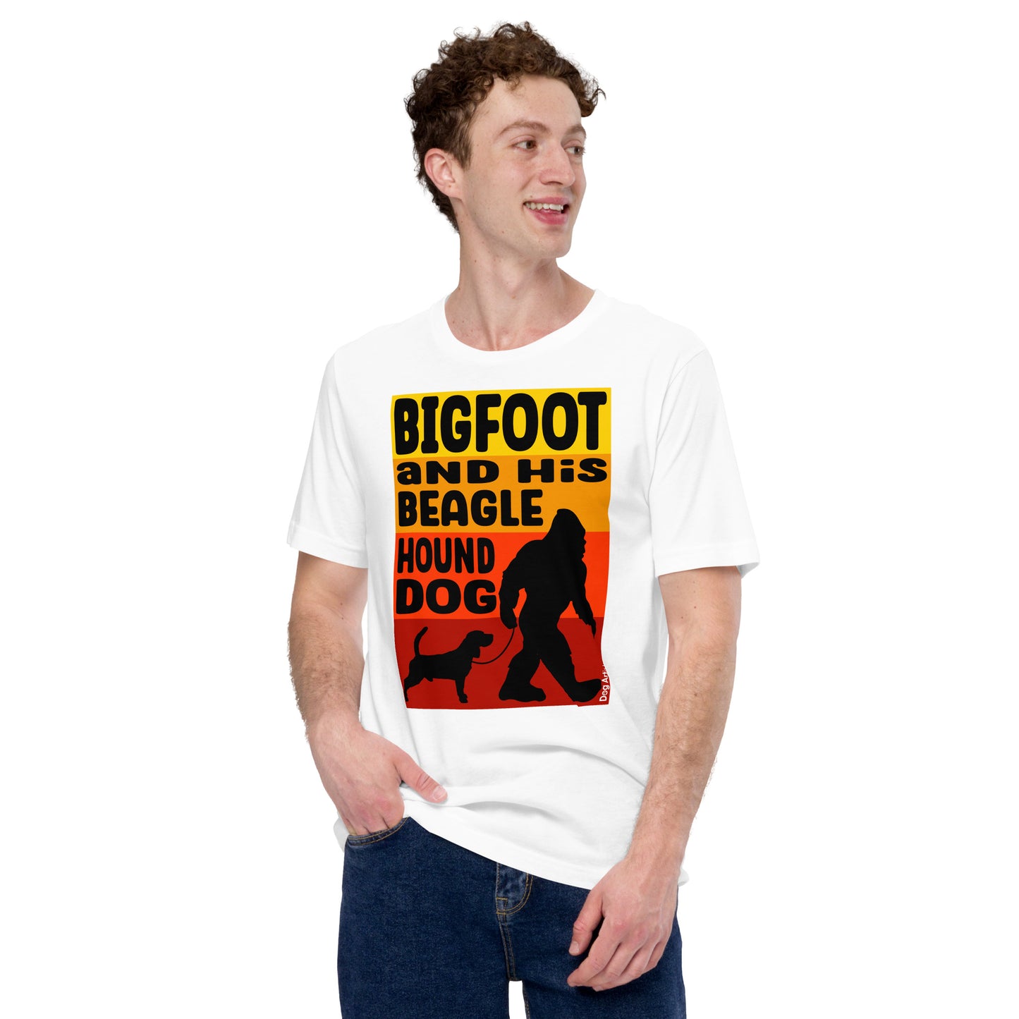 Big foot and his Beagle unisex white t-shirt by Dog Artistry.