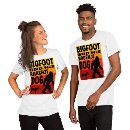 Big foot and his Basenji unisex white t-shirt by Dog Artistry.
