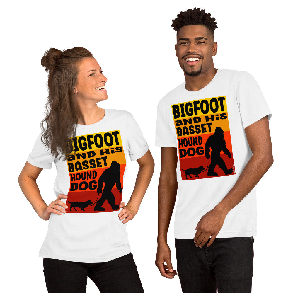 Big foot and his Basset Hound unisex white t-shirt by Dog Artistry.