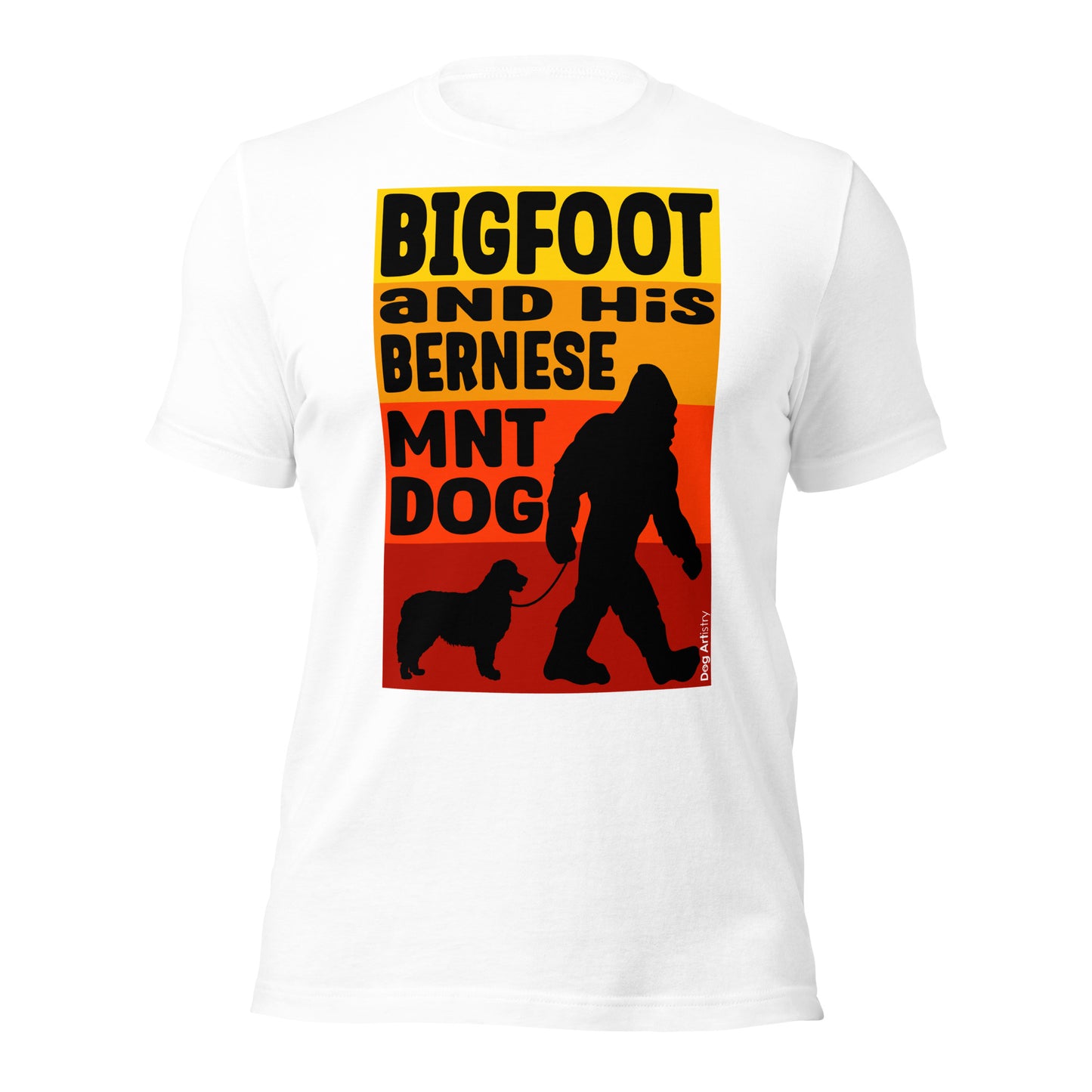 Big foot and his Bernese Mountain Dog unisex white t-shirt by Dog Artistry.