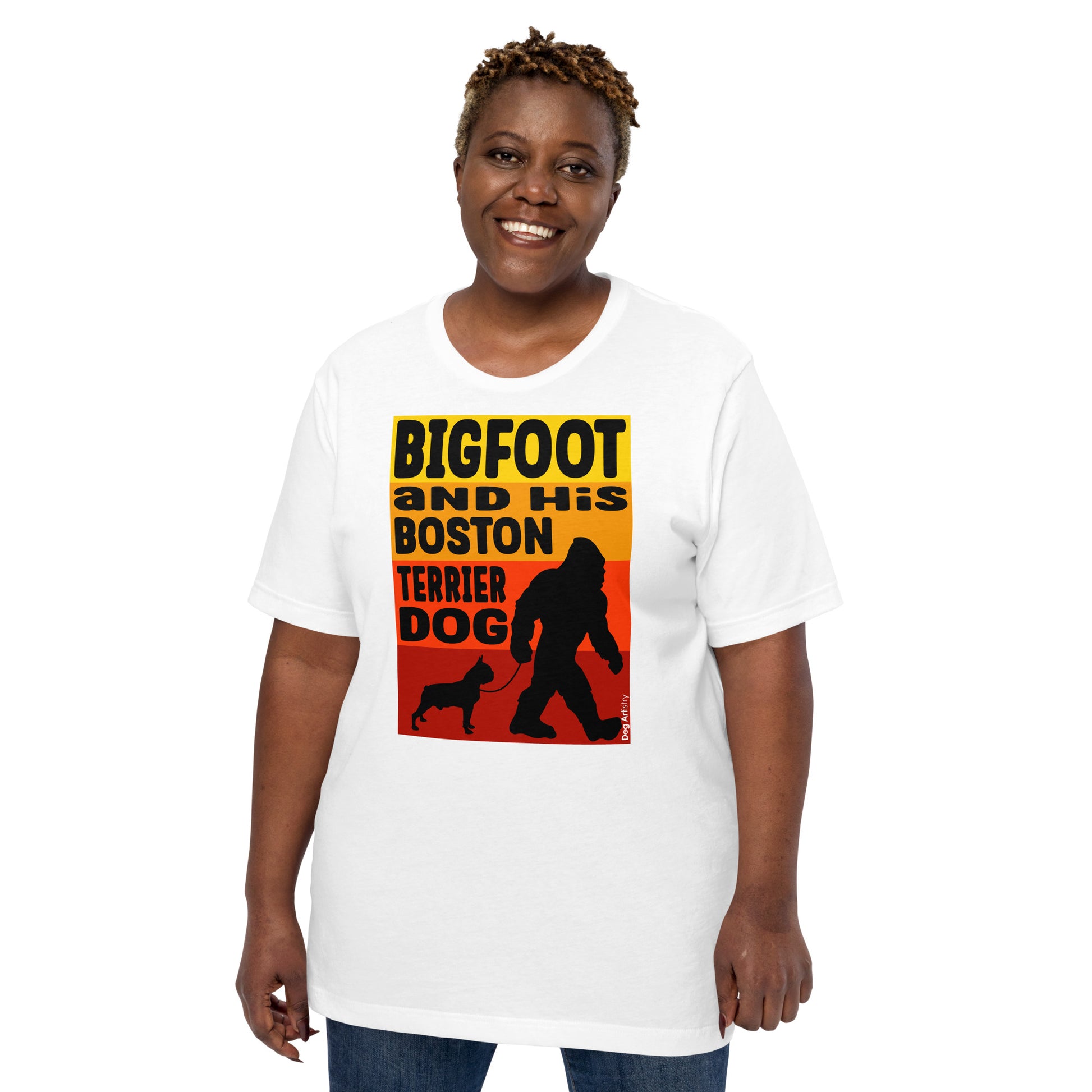 Big foot and his Boston Terrier unisex white t-shirt by Dog Artistry.