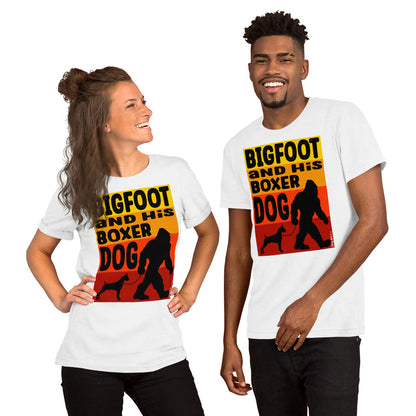 Big foot and his Boxer dog unisex white t-shirt by Dog Artistry.